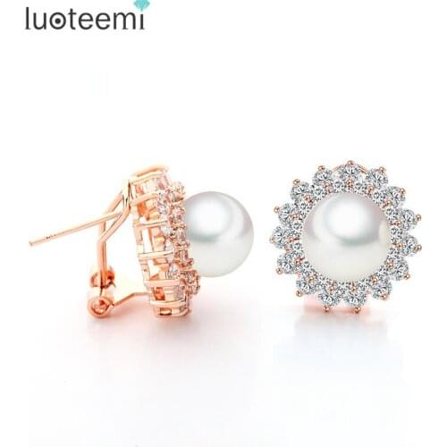 LUOTEEMI Newest Fashion Noble Imitation Pearl Earrings as Flower Clear Cubic Zircon Stud Brincos for Women Girl Wedding Jewelry