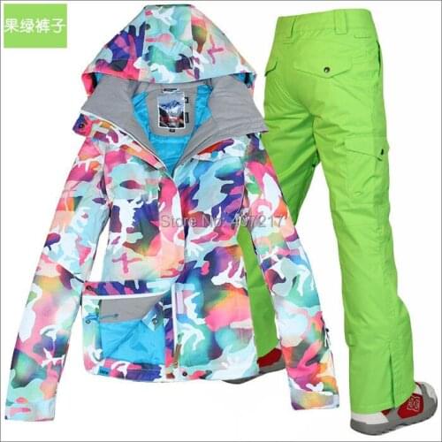Womens Thermal Padded Ski Suit Female Riding Snowboarding Set Skiwear Camouflage Jacket And Green Pants Waterproof 10K