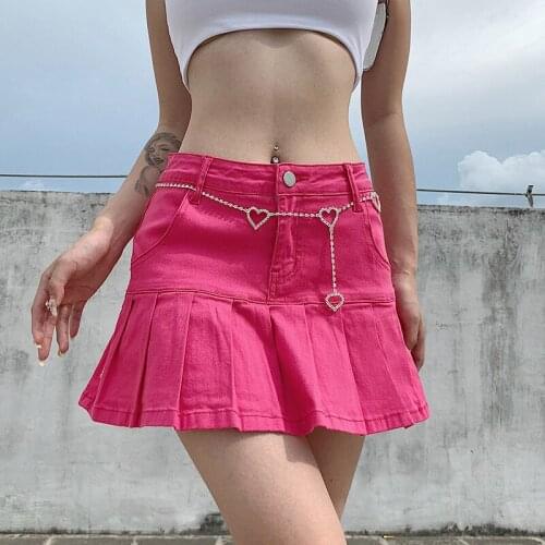 Cute Y2K Aesthetic Hot Pink Pleated Denim Skirt for Women Kawaii Girls Vintage 2000s High Waisted Blue Pleated Y2K Jean Skorts