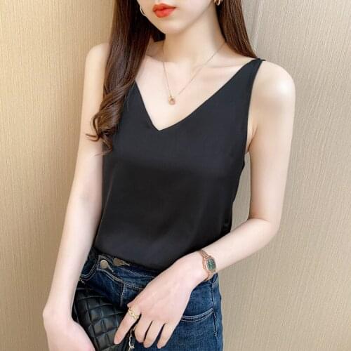 Fashion Women Summer Silk Shirt 100%Real Silk Satin Jaquard Sleeveless Double V necks Tank Tops