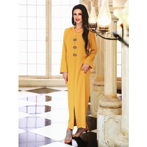 Handmade Hooded Rhinestone Morocco Middle East Muslim Dress Women Caftan Marocain Hijab Long Robe Evening Dress Abaya Dubai Traf