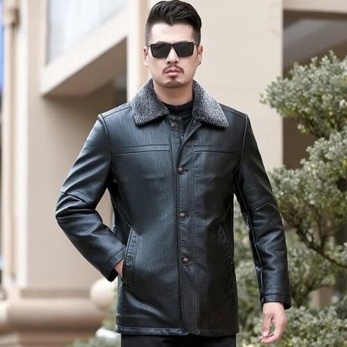 Mens Casual PU Leather Outerwear Coats Winter Fleece Lining Thick Warm Faux Fur Collar Male Medium Length Jackets Plus Size