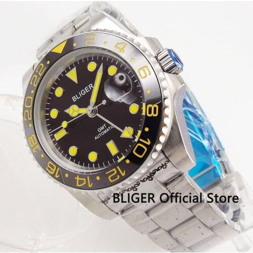Sapphire Glass BLIGER 40mm Back Dial Ceramic Turning Bezel GMT Function Automatic Movement Mens Watch