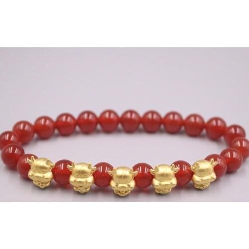 New Real 24K Yellow Gold Bracelet 11x9mm Five Lovely Cattles Red Agate Link Chain For Woman