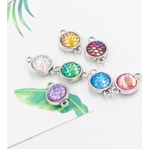 Fnixtar Alloy Connectors 10mm Two Sided AB Colors Mermaid Scale Charms Resin Fish/ Dragon Scale Charms Bracelet DIY 12pcs/lot