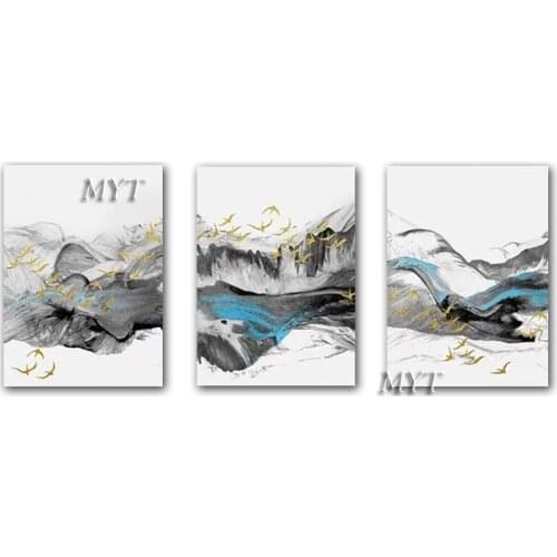Modern Group 3PCS Panel Abstract Mountain Landscape Oil Painting Canvas Art Modern Home Decoration Golden Foil Textured Wall Art