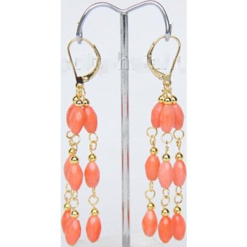 > Dangle Genuine carven pink coral earrings gold j9386