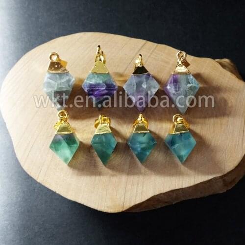 WT-P650 WKT New design pendant Natural rainbow fluorite point with gold color mixed color natural stone fluorite pendants