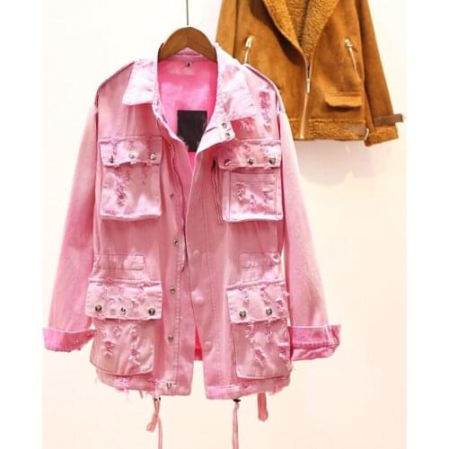 Sweet Pink Girl Autumn Denim Coat Female Big Pockets New Top Zip Loose Fit Casual Womens Jeans Jacket Ripped Chaqueta Mujer
