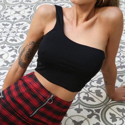 2019 Summer Fashion Women T-shirts Sleeveless Tight Vest One Shoulder Sexy Tees Clubwear Crop Tops Camiseta Cheap Price