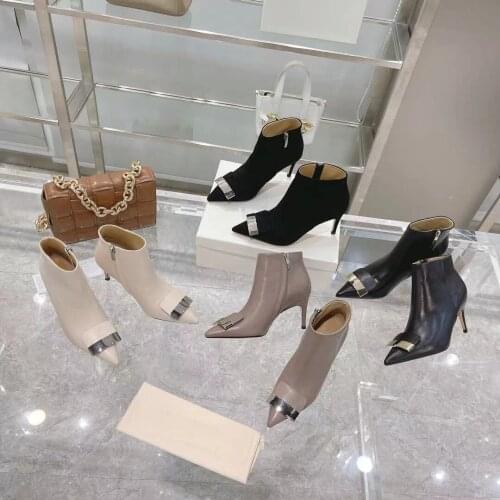 2021 Pointed Toe Women Boots Zip Women Shoes Classic Genuine Leather Metal Decor High Heels Ankle Boots Woman Hot Shoes Woman