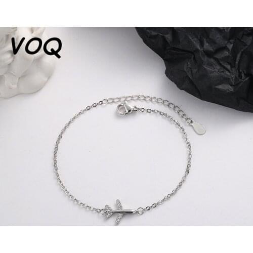 VOQ 925 Sterling Silver Crystal Zircon Aircraft Bracelet for Women Unisex Charm Airplane Bangles Gift