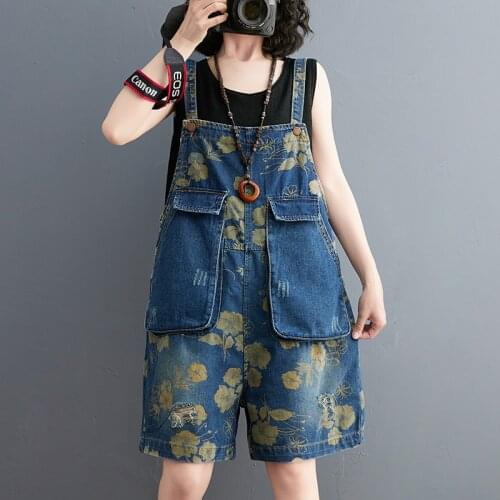 6503 Printed Casual Denim Playsuits Women Literature And Art Sweet Girl Elegant Shorts Scratch Hole Loose Oversize Large Pocket