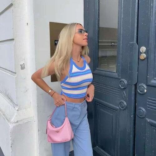 2021 Summer Women Y2K striped Bandage casual Streetwear Backless tank Top Female short Tops Ladies sleeveless Fashion Halter Top