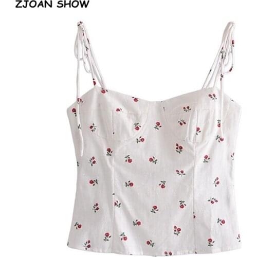 Harajuku Rose Floral Print Camis Women Summer Cross Lace-up Bandage Tank Tops Retro Cool Girl Sexy Slim Crop Top Tees