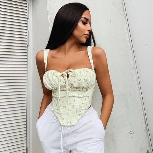 Floral Corset Women Sweet Print Hollow Up Tie Up Sexy Crop Top Summer Sleeveless Ruched Boning Bustier Casual Tank Top