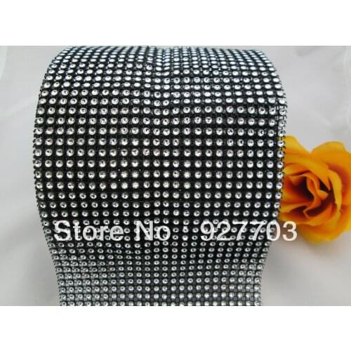 1 Yard Silver Round 24 Rows Black Base Sparkle Rhinestone Crystal Diamond Mesh Wrap Roll Ribbon
