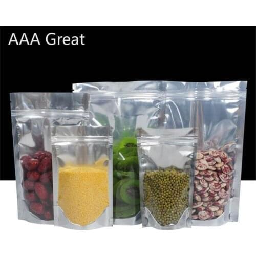10Pcs/Lot Stand Up Clear Aluminium Foil Zip Lock Bag Silvery Metallic Plastic Packaging Pouches for Food Tea Candy Cookie Sample