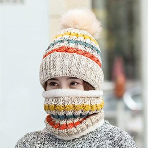 2pcs Winter Warm Cycling Hat Scarf Set Women Plush Knitted Woolen Beanie Cap Stripe Pompom Female Putdoor Windproof Bonnet Hat