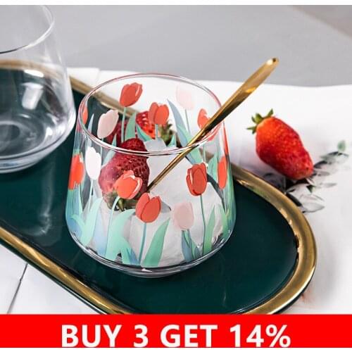 390ML Japan and South Korea Ins Hand-painted Tulip Flower Glass Cup Household Heat-resistant Drinking Cup Big Belly Mousse Cup