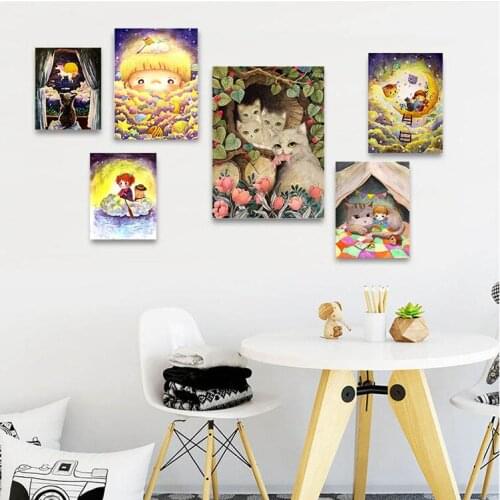 Abstract Avatar Lovely Girl and Cute Cat Canvas Paintings Print Poster Wall Art Bedroom Living Room Child Kits Home Decoration