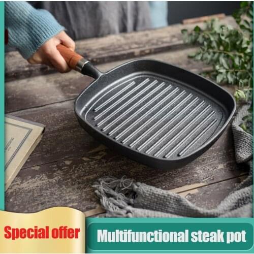 Non-stick Steak Frying Pan Cast Iron Wooden Handle Square Grill Plate Multi-function Stripe Thick-bottomed Pans Cooking Tools