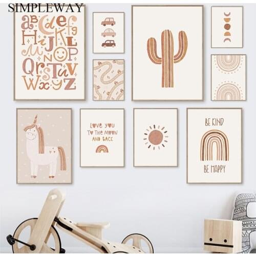 Boho Unicorn Cartoon Art Canvas Painting Sun Car Rainbow Poster Cactus Wall Print Nursery Alphabet Picture Baby Kid Room Decor