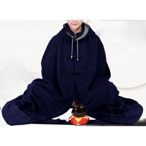 Unisex Buddhist meditation cloak monks winter thick cape kung fu martial arts coat lay abbot nunwarm robe gown dark blue