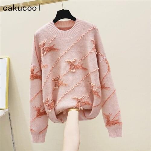 Cakucool Heavy Beading Sweater Women Round Neck Pink Pearls Elk Jumpers Sequined Loose Sweet Cute Girls Sweaters Female