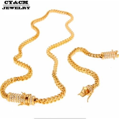 CY&CM Hip Hop 6mm Wheat Franco Chain Jewelry Set Stainless Steel Iced Out Rhinestones Luxury Box Clasp Necklace 30" Bracelet 8"