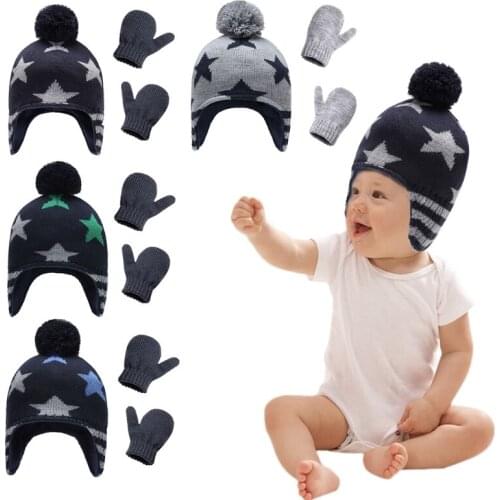 Baby Knit Hat Gloves Set Skiing Winter Cap Beanie with Warm Ear Flap Mitten Gift