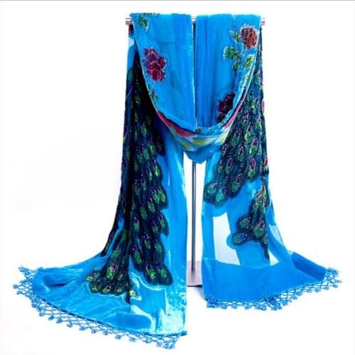 Free Shipping!!! Hot Sale Womens Handbeaded Rectangle Silk Velvet Shawl/Scarf Peacocks SH-0011