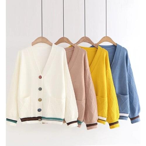 Single-breasted Cardigan Knitted Sweater Women Fashion Lazy Wind Loose Striped Pockets V-neck Long-sleeved Sweater Female Spring