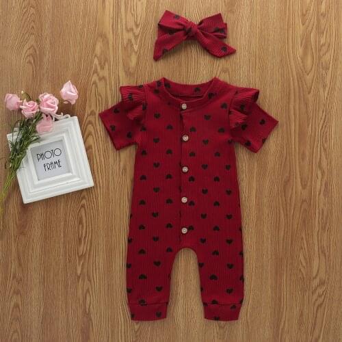 Pudcoco Newborn Baby Clothes Fly Sleeve Crew Neck Heart Button Print Romper Jumpsuit Bow Headband 2Pcs Knitted Cotton Baby Set