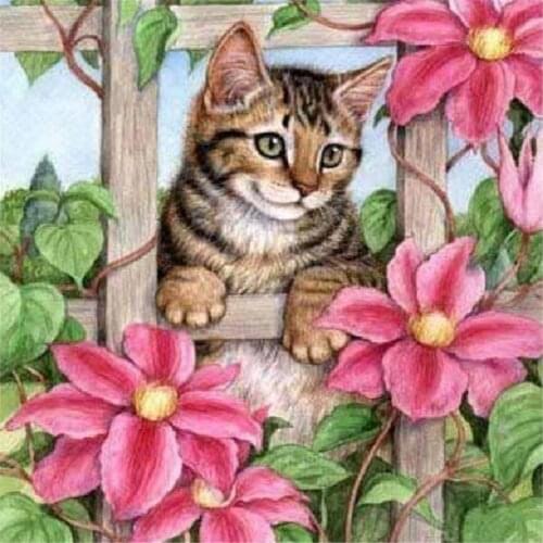 Cat Fence Flower Diamond Painting Round Full Drill Nouveaute DIY Mosaic Embroidery 5D Cross Stitch Floral Animal Pattern