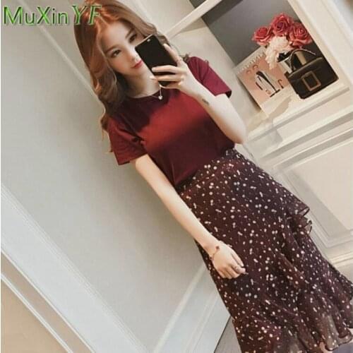 Summer Womens Dress Suit 2021 New Loose Plus Size O-Neck Cotton Short-sleeved T-shirt Top Chiffon Midi Skirt Two-piece Set