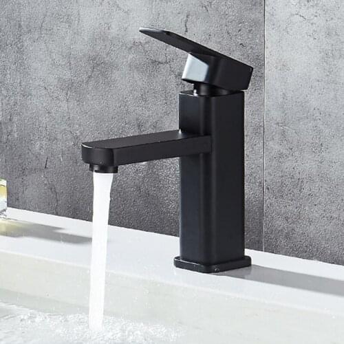 Matte Black Square Bathroom Basin Faucet, Single Hole Mesh Filter Outlet, Hot Cold Water Basin Mixer Taps Lavatory Sink Tap