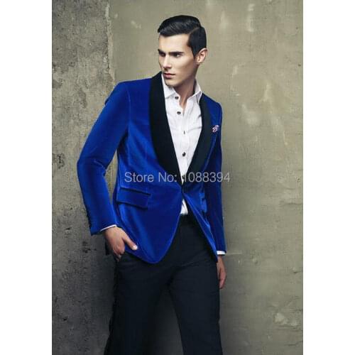 2019 Men Suits With Pants Royal Blue Velvet Groomsmen Shawl Lapel Groom Tuxedos Men Suits Wedding/Prom/Dinner Best Man Blazer