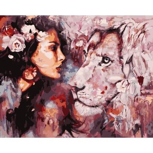 5D DIY Poured Glue Diamond Painting Kits Frameless Women and Lions Full Round With AB Drill Pictures Home Decoration Unique Gift
