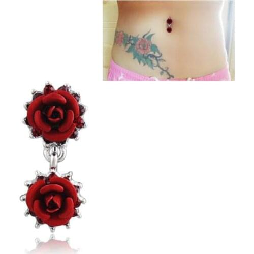 New Fashion 1Pc Rhinestone Red rose Navel Belly Button Barbell Ring Body Piercing