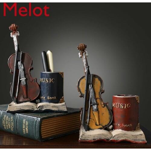Personalized Creative Retro Violin Book Desktop Pencil Vase Study Desk Surface Panel Home Living Room Decoration Art Products