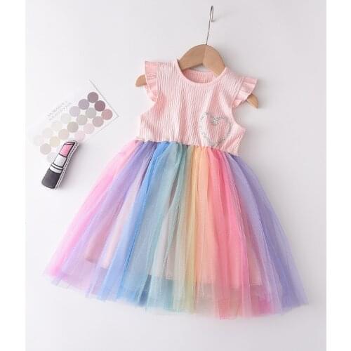 Girls Rainbow Colorful Dress 2021 New Summer Party Costumes Kids Mesh Dresses Sweet Vestidos Outfits Children Clothing 2-6T