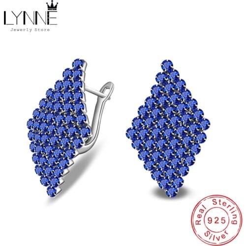 New Fashion Party Delicate Blue Shine Rhinestone Rhombus Stud Earrings Silver Color Simple Easy Wear Ear Stud Women Jewelry Gift