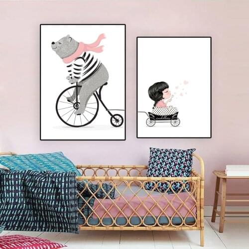Modern Cartoon Riding Beer Baby Girl Blowing Bubbles Canvas Paintings Pink Series Poster Print Wall Art Picture Kids' Room Decor