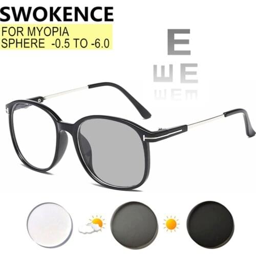 SWOKENCE Photochromic Blue Light Blocking Myopia Glasses Prescription -0.5 to -6 Women Men Shortsighted Optical Spectacles F083
