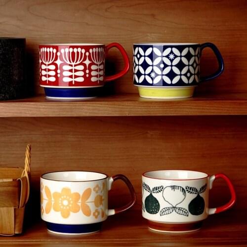 Japan Retro Ins Ceramic Hanging Ear Printed Coffee Cup Can Be Stacked Creative Mug Couple Breakfast Milk Cup
