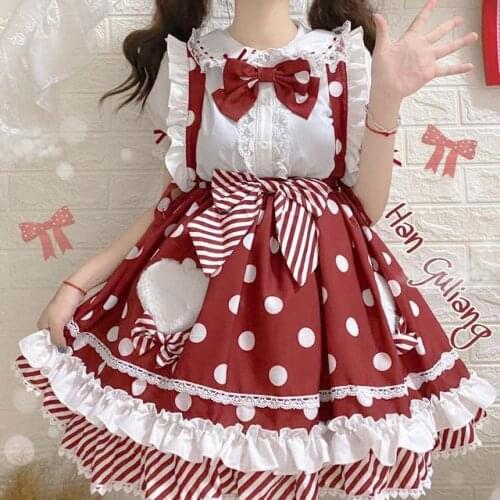 Japanese Summer Sweet Lolita Polka Dot Soft Girl Dress Kawaii Tea Party Daily Bowknot Shirt+Skirt Set Dress