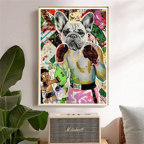 Funny Boxing Puppy with Crown Canvas Painting Animal Graffiti Poster and Prints Wall Art Cuadros Picture For Home Decor Gift