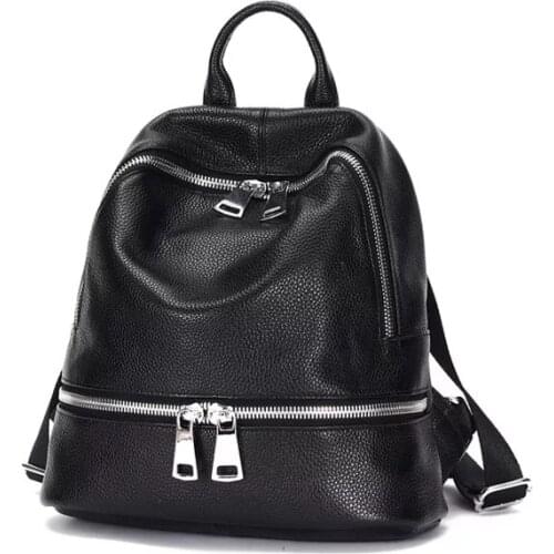 100% Genuine Leather Womens Backpacks Fashion Schoolbag For Teenage Girls Female Travel Bag Lady Multi-Function Rucksack Black