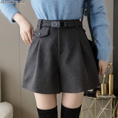 2021 Woolen Thick Winter Shorts Women Casual Streetwear Loose Wide Leg Short Femme With Belt High Waist Shorts Black Grey Brown